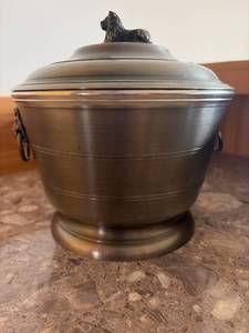 Pewter Tone Lion Finial Ice Bucket Wine Cooler w Insert Handles