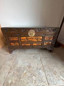Vintage Chinese Carved Wood Trunk Chest With Glass Top