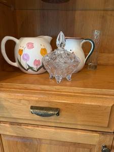 Lot of Vintage Pottery Pitchers Cut Glass Covered Dish Bud Vase