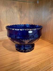 Hand Made Czech Cobalt Blue Cut Lead Crystal Pedestal Bowl Compote