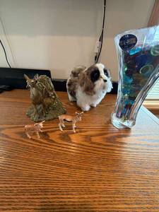 Lead Crystal Vase with Animal Figurines and Plush Dog Decor