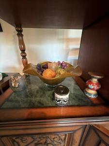 Home Decor Lot - Art Glass Centerpiece Bowl, Folk Art Crock, Deer Stone & Candle Holder
