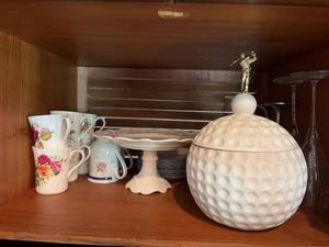 Box Lot of Assorted China, Glassware, Golf Ball Cookie Jar & Cake Stand