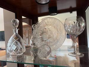 Cut Crystal Lot - Decanter, Pair Balloon Wine Goblets, Floral Platter & Bird Dish