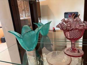 Vintage Art Glass Vase & Pink Ruffled Pedestal Compote Bowl
