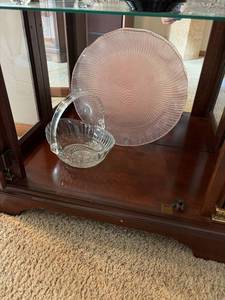 Vintage Pink Swirl Glass Platter & Clear Pressed Glass Basket Lot