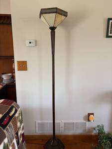 Mission Style Floor Lamp Slag Glass Torchiere Bronze Tone 70.5in