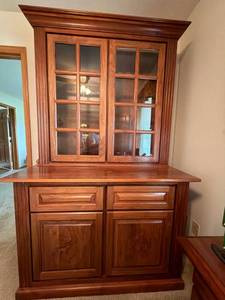 Traditional Wooden Gun Cabinet Display Hutch w Glass Doors & Drawers