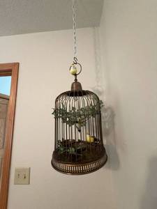Decorative Hanging Copper-Tone Birdcage with Faux Ivy & Bird Cage Accent Pillow