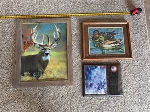 Lot of 3 Framed Wall Decor - 3D Deer Print, Duck Needlepoint, 911 Plaque