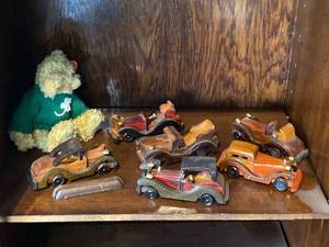 Set of 6 Hand Carved Wooden Vintage Car Figurines Folk Art Decor