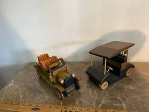 Handcrafted Wooden Vehicle Models Antique Car & Golf Cart Set