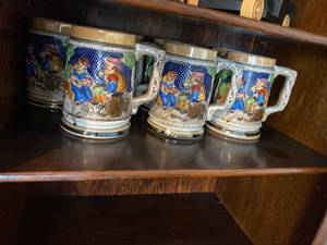 Set of 6 Vintage Japan Ceramic Stein Mugs Relief Tavern Scene