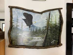 Signed Arnold Bald Eagle Landscape Painting Rustic Twig Frame 33x25