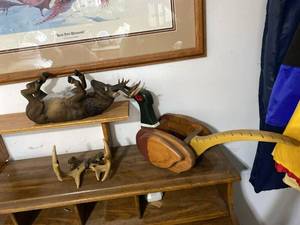 Rustic Wildlife Decor Lot Wood Pheasant Deer Figurine Antler Piece