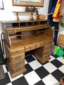 Vintage Oak Rolltop Desk with Drawers & Cubby Organizer 50x22x48