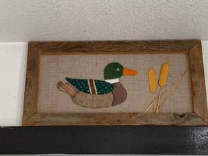 Rustic Primitive Duck Framed Fabric Applique Folk Art Wall Hanging