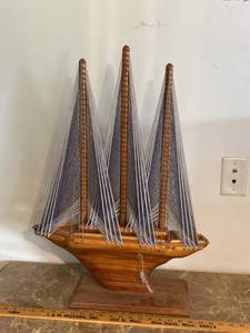 Vintage Wooden Sailboat Sculpture String Sail Nautical Decor 27in