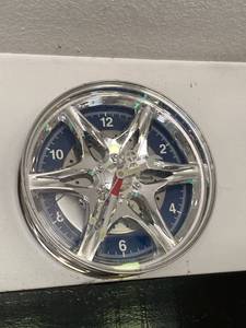 Chrome Car Wheel Rim Style Wall Clock Blue Dial Brake Rotor Design