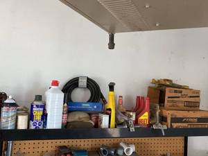 Assorted Automotive Shop Supply Lot w Hose, Chemicals & Hardware