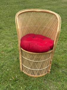 Vintage Rattan Wicker Barrel Tub Chair w Red Cushion Seat