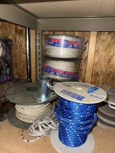 Lot of Assorted Nylon Rope Spools and Hardware Mixed Garage Supplies
