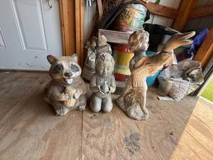 Lot of Assorted Garden Statues Raccoon Cherub Child Bird Figures