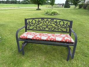 Black Metal Patio Glider Bench w Leaf Vine Back & Seat Cushion