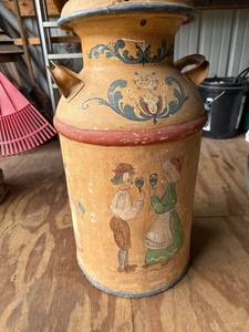 Vintage Scandinavian Folk Art Painted Wooden Milk Can with Lid