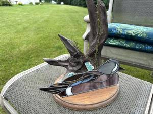 Handmade Driftwood & Stained Glass Bird Sculpture on Wood Base