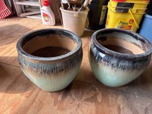 Set of 2 Glazed Ceramic Outdoor Planters Blue Green Drip Finish
