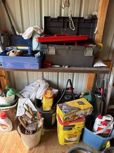 Box Lot of Assorted Garage Tools Garden Supplies & Storage Totes