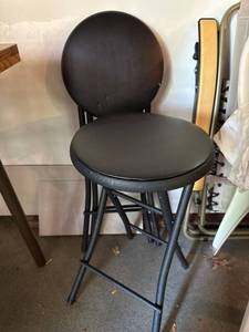 Pair of Black Metal Folding Bar Stools with Padded Seat Contemporary