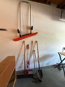 Mixed Garden Tool Lot w Snow Pusher, Shovel, Rake, Sweepers Shears