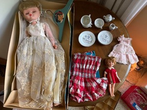 Vintage Doll & Tea Set Lot Bride Doll Japan Porcelain Small Doll Clothes