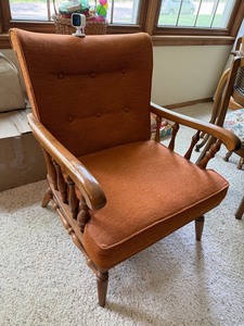 Vintage Upholstered Wingback Armchair Wood Spindle Arms Rust Orange
