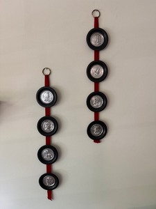Pair Vintage Classical Medallion Wall Hangings Red Strap Black Frames