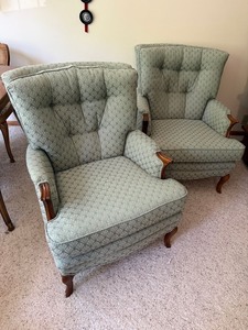 Pair Traditional Wingback Armchairs Tufted Sage Upholstery Good