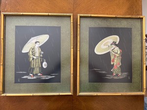 Pair Framed Japanese Silk Thread Art Geisha Figures Rain Scene Signed