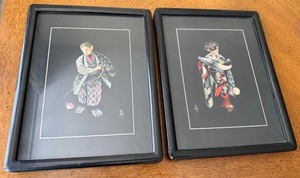 Pair Vintage Japanese Silk Embroidery Framed Geisha Figures Wall Art