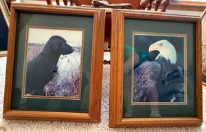 Set of 2 Framed Wildlife Prints Eagle Black Lab Oak Tone Wall Art