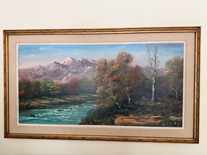 Large Framed Mountain River Landscape Oil Painting Signed 58x32