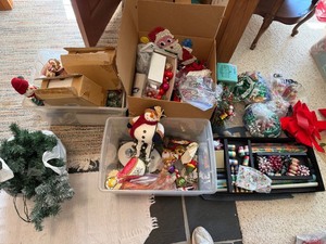Large Mixed Christmas Decor Lot Ornaments Bows Ribbon Wrap Figurines