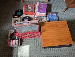 Mixed Lot of Vinyl Records, Songbooks & Record Cabinet