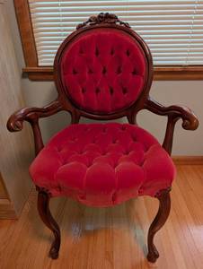 Red Tufted Wood Accent Chair