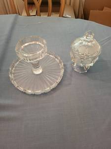 Clear Cut Glass Pedestal Stand & Covered Dish Set