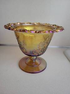Iridescent Amber Footed Glass Compote With Grape Motif