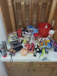 Mixed Office Supply Lot in Red Storage Bin