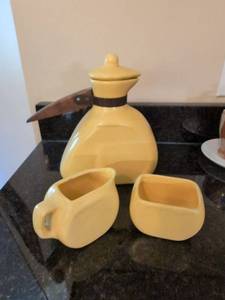 Vintage Mid Century Yellow Pottery Carafe Creamer Sugar Set