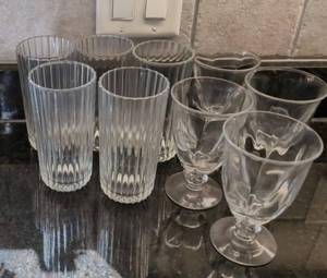 Vintage Mixed Glassware Set Ribbed Tumblers & Footed Goblets